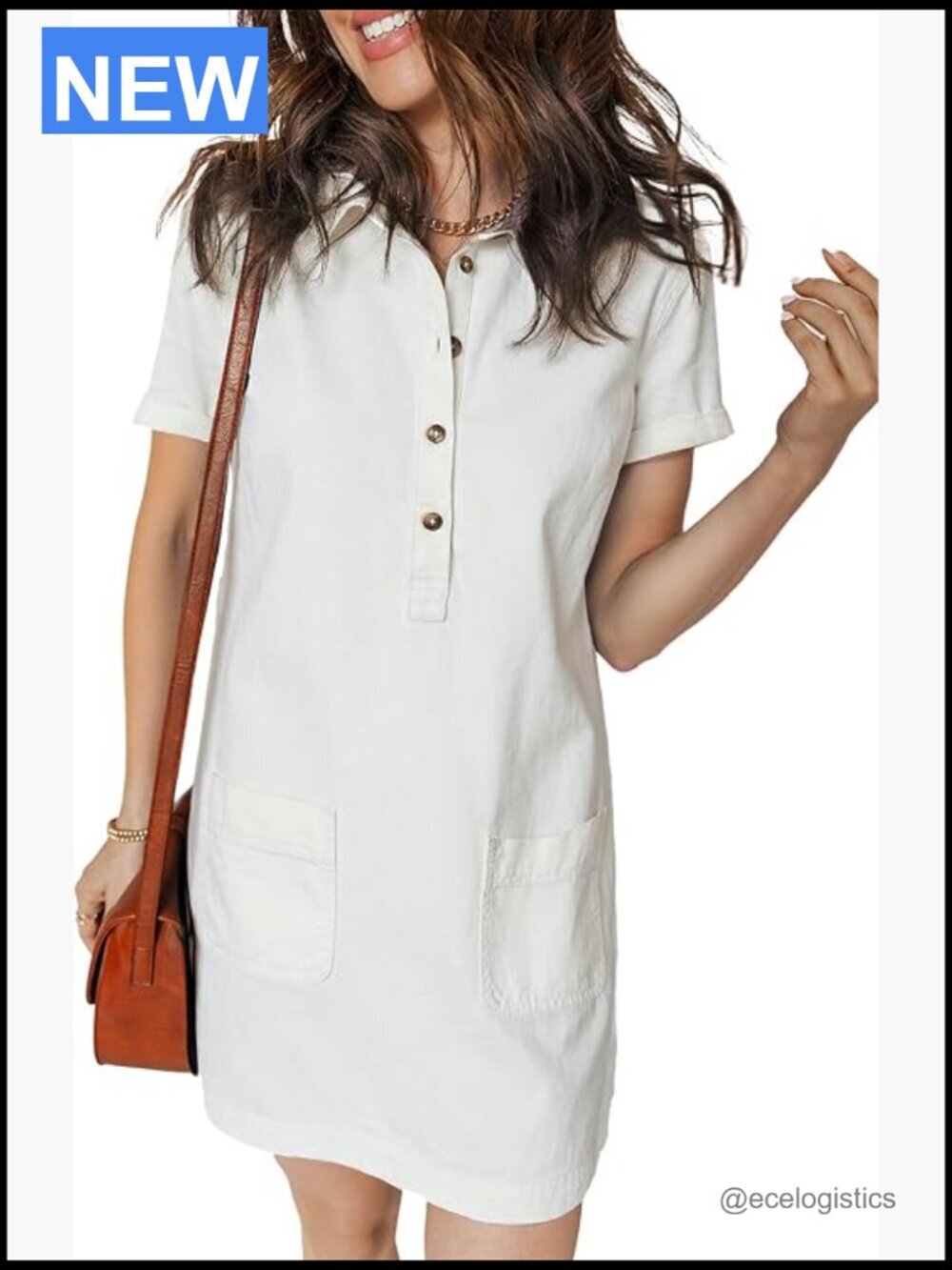 Casual Denim Dress Short Sleeve Button Down Collared A-Line Shirt Dress